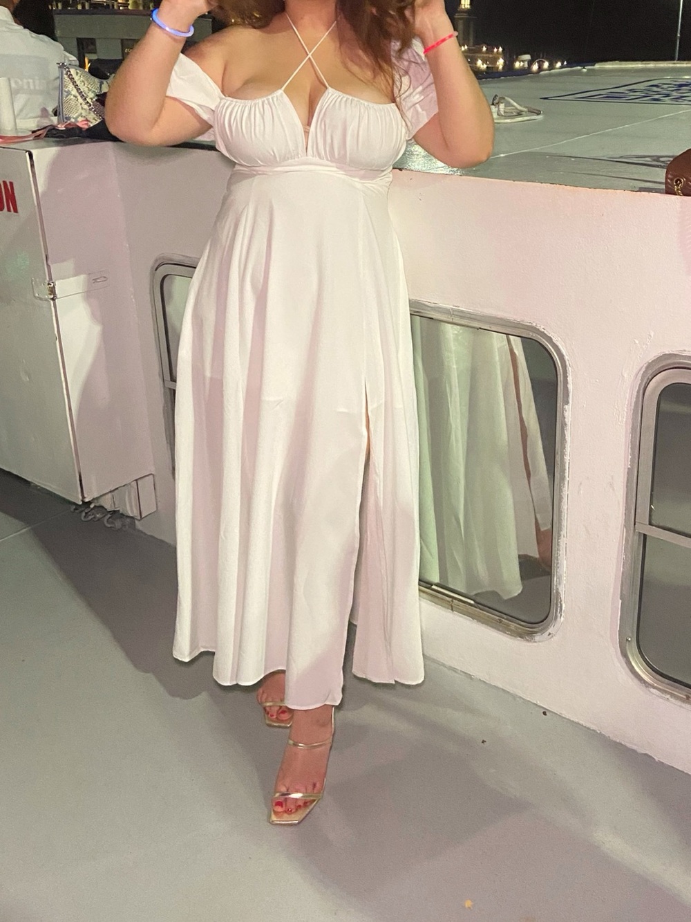 White Off-Shoulder Maxi Dress with Crisscross Bodice